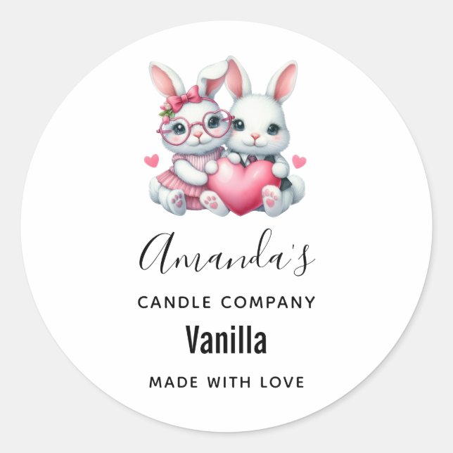 Cute Bunnies Sharing a Heart Candle Business Runder Aufkleber (Vorderseite)