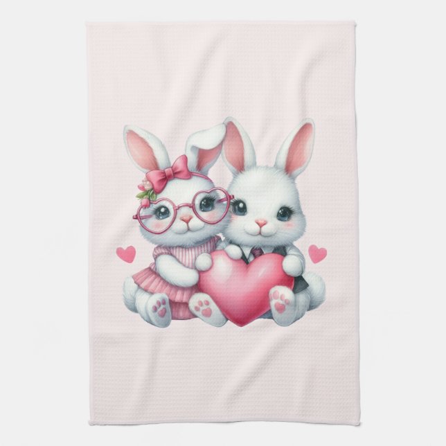 Cute Bunnies Sharing a Heart Geschirrtuch (Vertikal)
