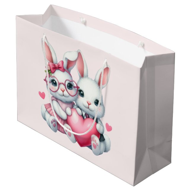 Cute Bunnies Sharing a Heart Große Geschenktüte (Rückseite Schrägansicht)