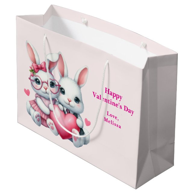 Cute Bunnies Sharing a Heart Valentine's Day Große Geschenktüte (Rückseite Schrägansicht)