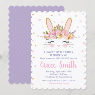 Cute Bunny Baby shower Invitation Girl Purple