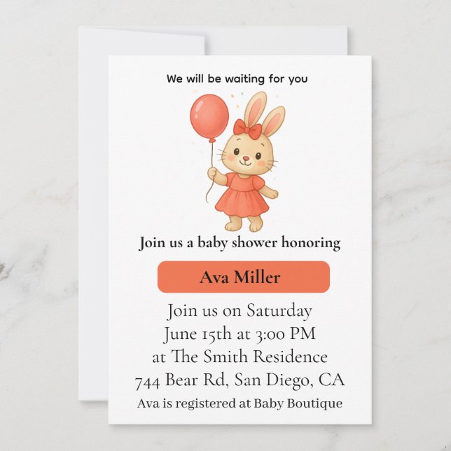 Cute Bunny Baby Shower Invitation | Pink Floral De (Devant)