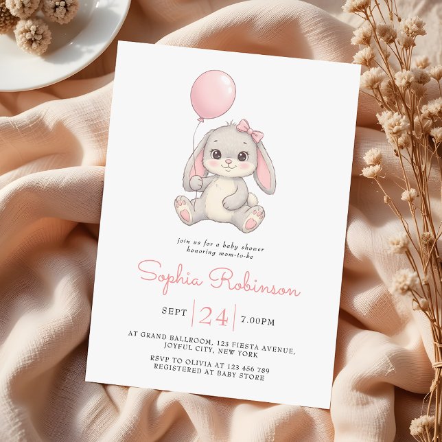 Cute Bunny Balloon Blush Pink Girls Baby Shower Einladung (Von Creator hochgeladen)
