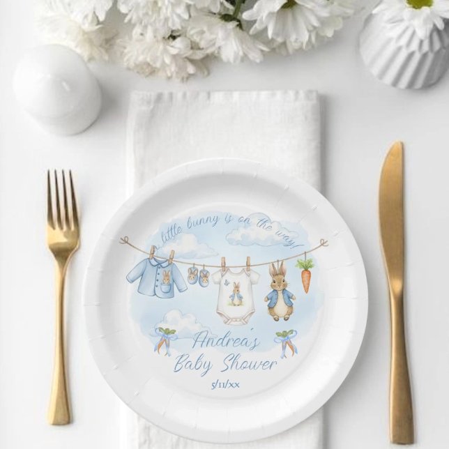 Cute Bunny Boy Clothesline Baby Shower Pappteller (Von Creator hochgeladen)