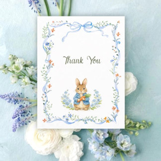 Cute Bunny Boy Floral Blue Bow Baby Shower Dankeskarte