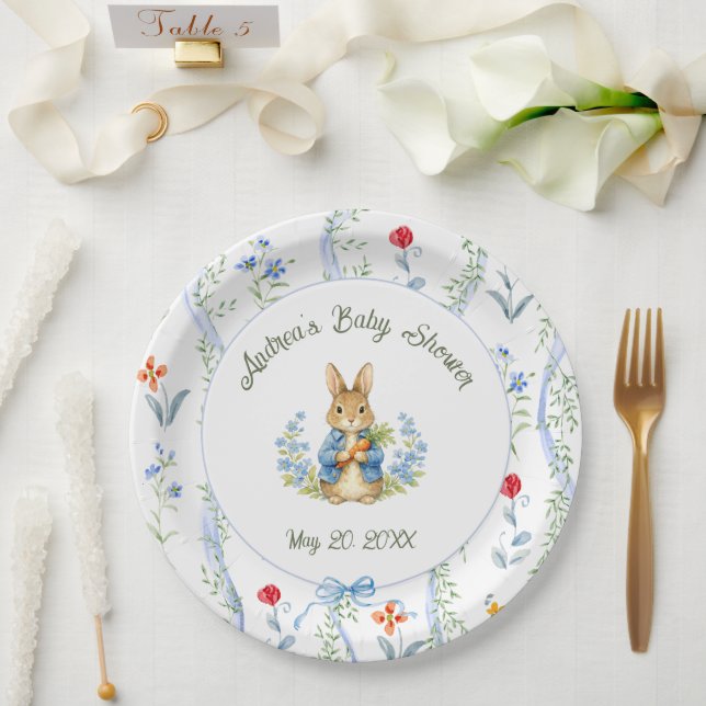 Cute Bunny Boy Floral Blue Bow Baby Shower  Pappteller (Hochzeit)