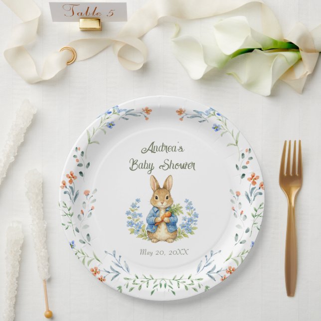 Cute Bunny Boy Floral Blue Bow Baby Shower  Pappteller (Hochzeit)