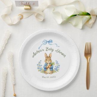 Cute Bunny Boy Floral Blue Bow Baby Shower  Pappteller