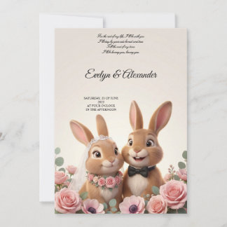 Cute Bunny Bride and Groom Blush Pink Floral Einladung