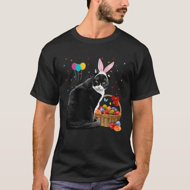 Cute Bunny Cat With Easter Egg Basket Happy Easter T-Shirt (Vorderseite)