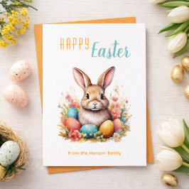 Cute Bunny Colorful Eggs Flowers Happy Easter Feiertagskarte