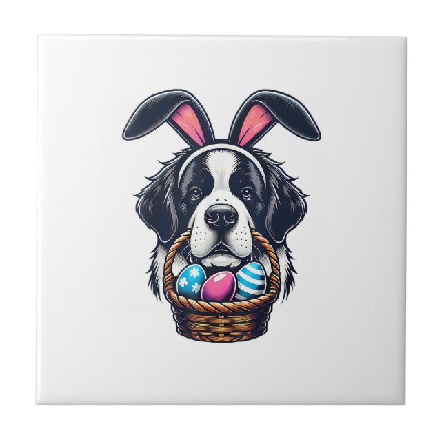 Cute Bunny Ear Saint Bernard Dog Easter Egg Owner  Fliese (Vorderseite)