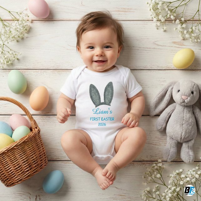 Cute Bunny Ears Boy First Easter 2026 Personalized Baby Strampler (Von Creator hochgeladen)