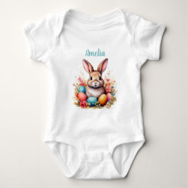 Cute Bunny Eggs Flowers Happy Easter Name Baby Strampler