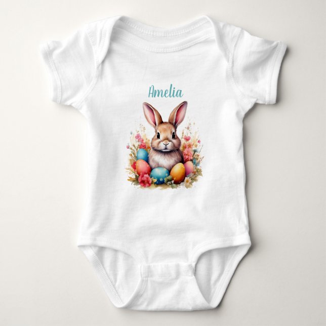 Cute Bunny Eggs Flowers Happy Easter Name Baby Strampler (Vorderseite)