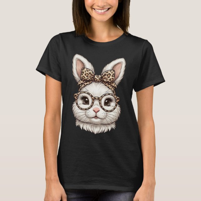 Cute Bunny Face Glasses Leopard Bow Happy Easter T-Shirt (Vorderseite)