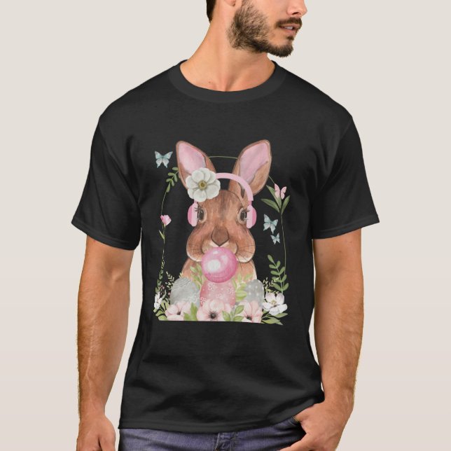 Cute Bunny Face With Bubblegum And Headphones East T-Shirt (Vorderseite)