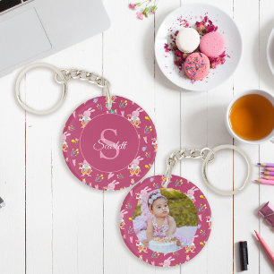 Cute Bunny Flore Motif Monogramme Photo Magenta