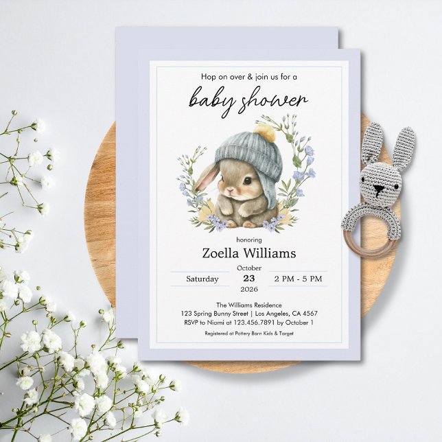 Cute Bunny Flowers Spring Baby Shower Invitation (Baby Shower Invitations Watercolor Cute Simple Bunny 3)
