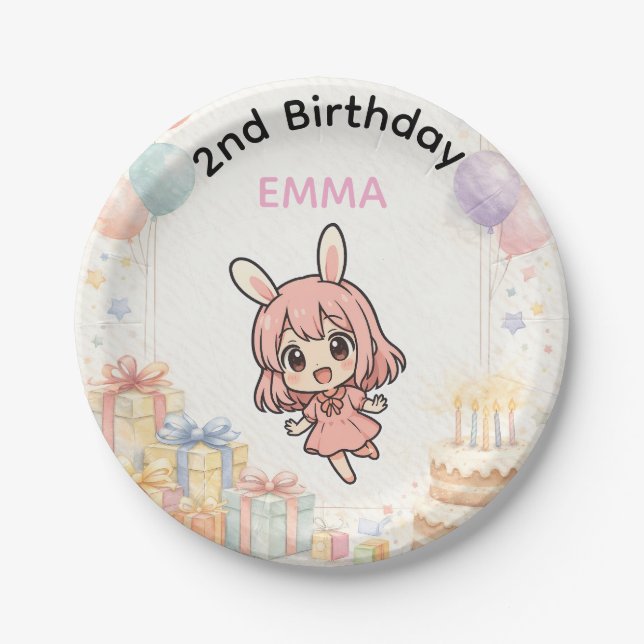 Cute Bunny Girl Birthday Paper Plates Pappteller (Vorderseite)