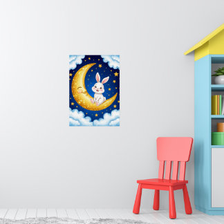 Cute Bunny Golden Crescent Moon 🐰🌙Nursery Decor Poster