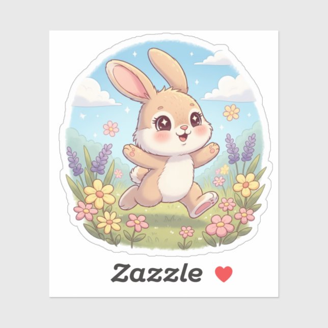 Cute Bunny Hopping in a Flower Field Aufkleber (Blatt)