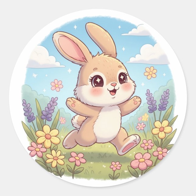 Cute Bunny Hopping in a Flower Field Runder Aufkleber (Vorderseite)