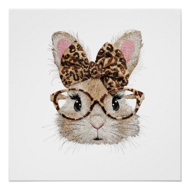 Cute Bunny Rabbit Face Leopard Coquette Bow Glasse Poster (Vorderseite)