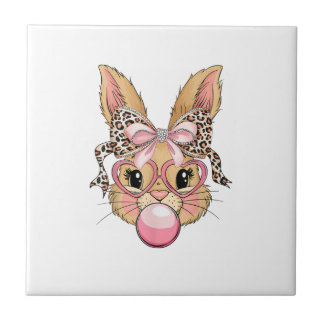 Cute Bunny Rabbit Face Leopard Glasses Girl Happy Fliese