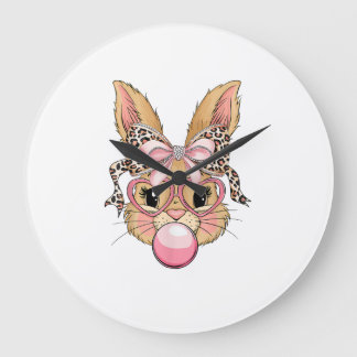 Cute Bunny Rabbit Face Leopard Glasses Girl Happy Große Wanduhr