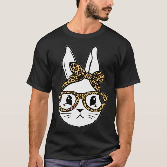Cute Bunny Rabbit Face Messy Bun Leopard Glasses G T-Shirt (Vorderseite)