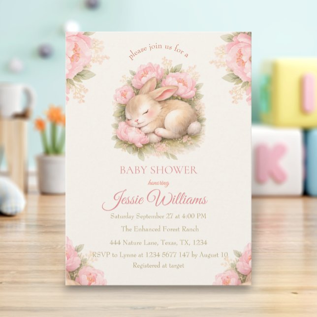 Cute Bunny Rabbit Pink Blush Baby Shower Einladung (Von Creator hochgeladen)
