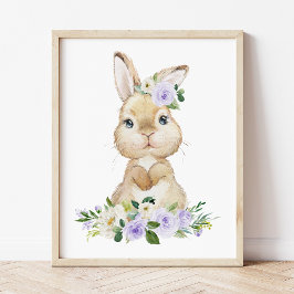 Cute Bunny, Rabbit, Purple Flowers, Gender Neutral Poster