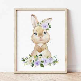 Cute Bunny, Rabbit, Purple Flowers, Gender Neutral Poster