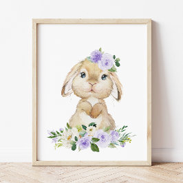 Cute Bunny, Rabbit, Purple Flowers, Gender Neutral Poster