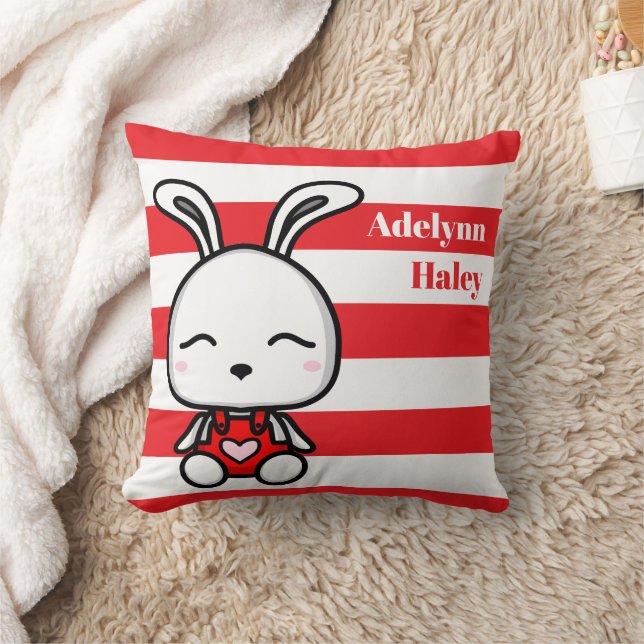 Cute Bunny Red Striped Birth Stats Throw Pillow Kissen (Decke)