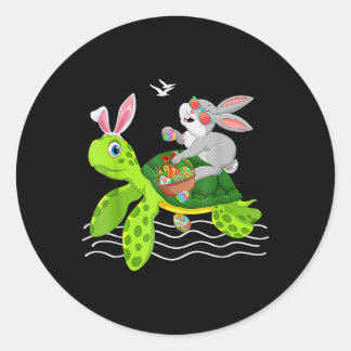 Cute Bunny Riding Turtle Holding Egg Basket Happy Runder Aufkleber
