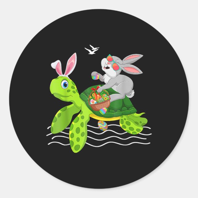 Cute Bunny Riding Turtle Holding Egg Basket Happy  Runder Aufkleber (Vorderseite)
