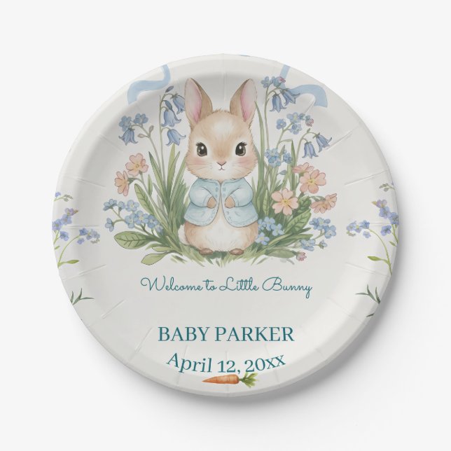 Cute Bunny Spring Floral Baby Shower Personalized Pappteller (Vorderseite)