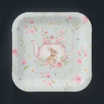 Cute Bunny Teapot Pink Floral Spring Pappteller<br><div class="desc">Cute Bunny Teapot Pink Floral Spring Paper Plates. Cute design featuring a bunny nestled beside a pink floral teapot. Surrounded by pink roses,  cherry blossoms,  and sage green leaves. Perfect for Easter celebrations,  baby showers,  or birthday.</div>