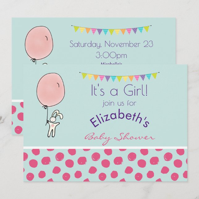 Cute Bunny tenant un Invitation Baby shower de bal (Devant / Derrière)