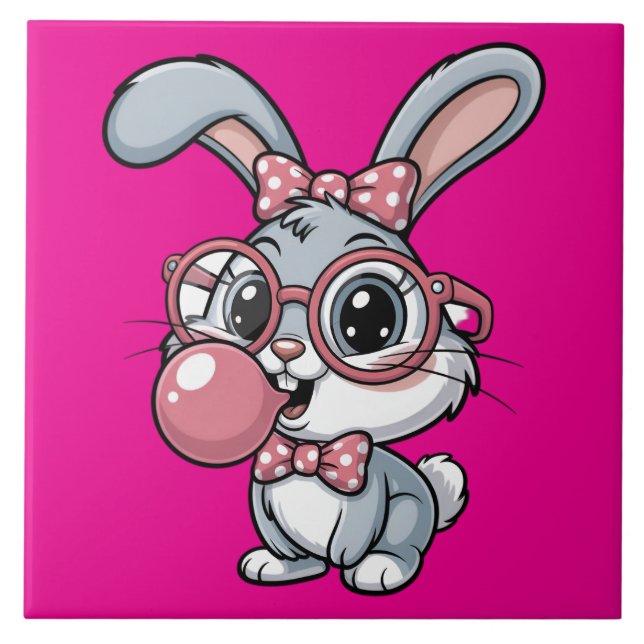 Cute Bunny with Glasses Blowing Bubble Gum Fliese (Vorderseite)