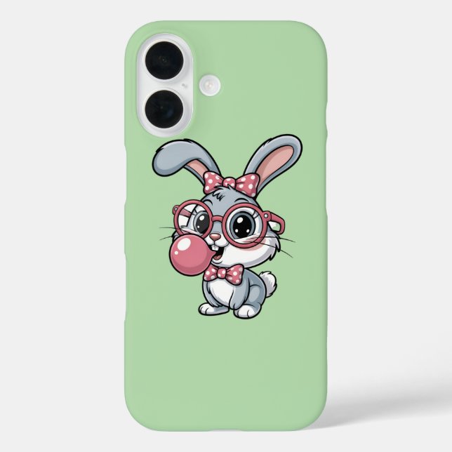Cute Bunny with Glasses Blowing Bubble Gum iPhone 16 Hülle (Rückseite)