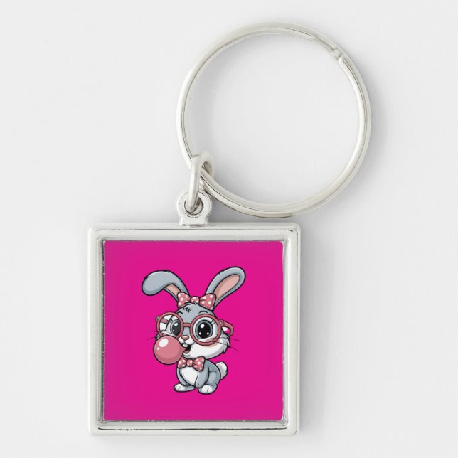 Cute Bunny with Glasses Blowing Bubble Gum Schlüsselanhänger (Vorne)