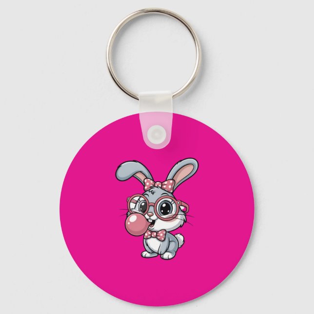 Cute Bunny with Glasses Blowing Bubble Gum Schlüsselanhänger (Vorderseite)