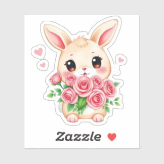 Cute bunny with roses Custom-Cut Vinyl Sticker