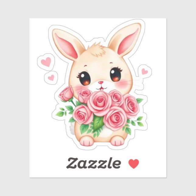 Cute bunny with roses Custom-Cut Vinyl Sticker (Feuille)