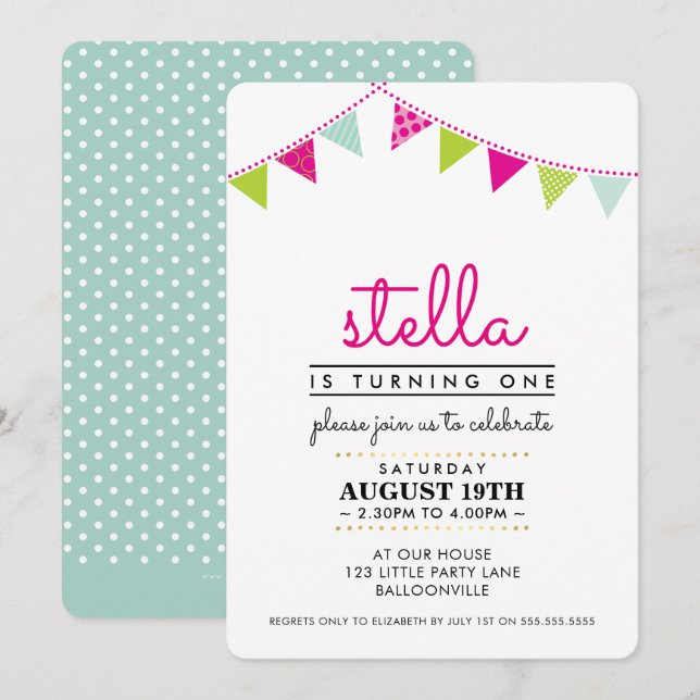 CUTE BUNTING 1ER anniversaire INVITATION menthe ro (Devant / Derrière)