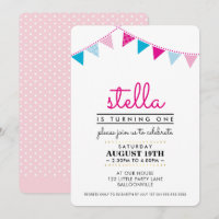 CUTE BUNTING 1ER anniversaire INVITATION rose bleu
