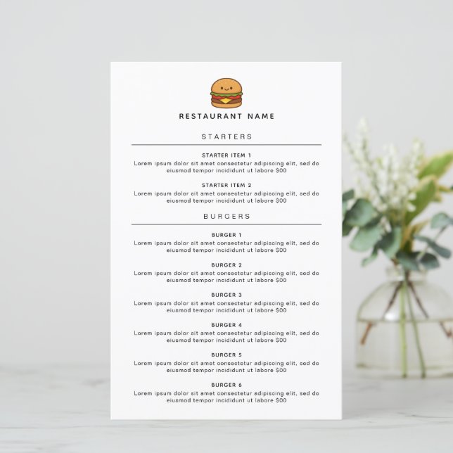 Cute Burger Restaurant Menu (Stehend Vorderseite)